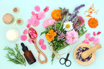 Flowers and herbs for preparation of aromatherapy essential oils and moisturizing cream. Health...