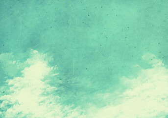 Fototapeta na wymiar 箔入り和紙テクスチャの空に白い雲の背景イラスト・ノスタルジックグリーン