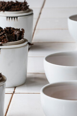 Ella, Sri Lanka Tea tasting and cups at a tea factory. 