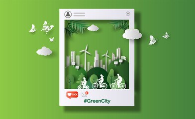 A family riding a bike with a city background, social media template, paper illustration, and 3d paper.