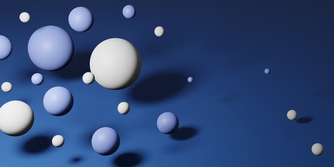 Abstract background with falling 3d balls. Dynamic flying bubbles. Modern trendy background, banner, poster, header template for website. Realistic mockup 3D rendering illustration.