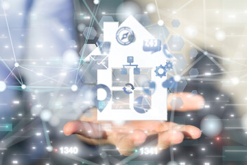 Naklejka premium home iot - Neural network 3D illustration. Big data and cybersecurity