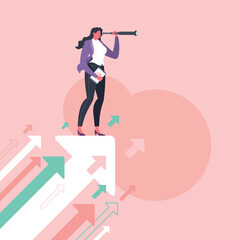 Searching for opportunities, business opportunity or vision concept. Businesswoman is looking through monocular telescope and standing on flying arrows in pink background.