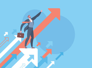 Fototapeta premium Leadership, leading to success or business vision concept. Businessman is pointing direction forward and standing on flying arrows in blue background.