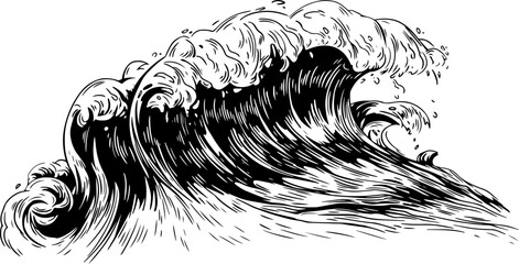 Sea or Ocean Wave Monochrome Hand Drawn Illustration - obrazy, fototapety, plakaty