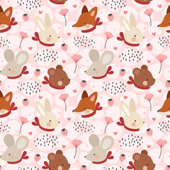 Animal Seamless Pattern, Fox and Rabbit bunny background vector, Rat and Teddy Bear nursery wallpaper