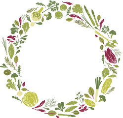 Vegetable and Salad Leaves Round Background Wreath or Frame