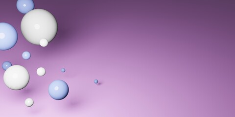 Abstract background with falling 3d balls. Dynamic flying bubbles. Modern trendy background, banner, poster, header template for website. Realistic mockup 3D rendering illustration.