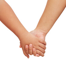 A mother's hand holding her child's hand. Close up photo. Isolated on white background