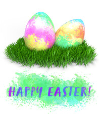 Happy Easter greeting card , colorfull, watercolour eggs on grass