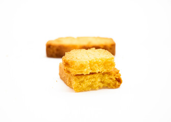 crispy rusk close up on white background, dry cake