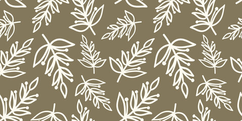 Seamless Nature Pattern with Branches and Leaves. Botanical Background, Sketch, Graphic Print. © Anna