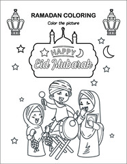 Happy EId Mubarak elements Ramadan Children Coloring book pages , Islamic month ramadan worksheet ,Sketch outline black and white pages . Kids education. Vector illustration 