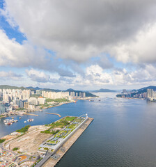 Naklejka premium Panorama view of Victoria Harbour in evening
