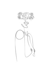 Abstract face with flowers by one line vector drawing. Portrait minimalistic style. Botanical print. One Line Body Art, Breast Line Drawing, Naked Woman Print, Modern continuous line art. 