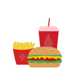 illustration set of fast food colored burger, french fries and water in a glass on a white background. for menu design or food packaging, food delivery. Printing on clothes, textiles, tablecloth, dish