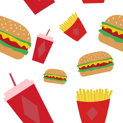 illustration of seamless pattern colorful burger, french fries and water in a glass on a white background. for menu design or food packaging, food delivery. Printing on clothes, textiles, tablecloth, 