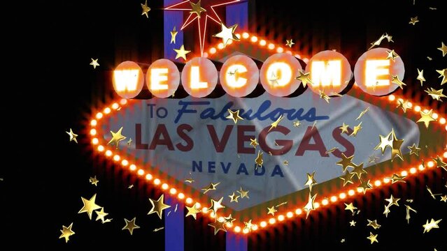 Composite video of multiple golden star icons falling against welcome to las vegas signboard