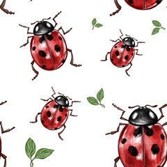 Seamless pattern with bright red ladybugs on a white background. Idea for printing on fabric, wallpaper, clothes. Print for kitchen textiles. Printing for wrapping paper. Postcard print.