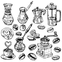 Coffee set doodle set hand drawn. Set of coffee items in sketch style: french press, geyser coffee maker, cezve, coffee beans, coffee grinder, mug,sweets 