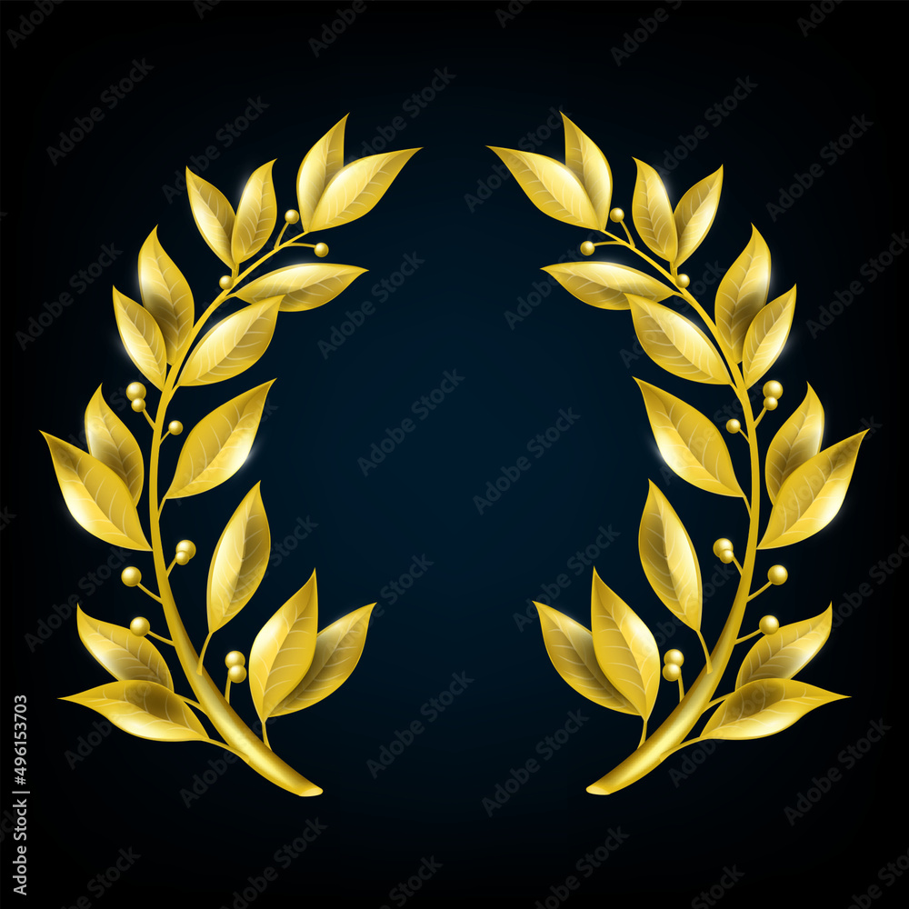 Wall mural golden laurel leaf wreath, winner vector branch frame, greek antique award trophy symbol on black. v