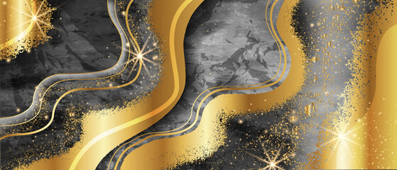 Gold black marble background, abstract luxury vector texture, gray elegant stone surface, light shine. Modern elegant wave wallpaper, interior decor design, golden glitter. Black marble backdrop