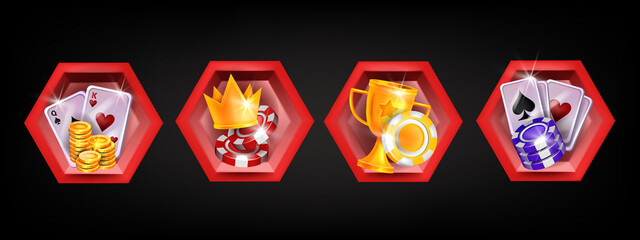 Casino icon set, royal victory crown, golden winner cup, chips, vector poker Vegas gambling logo kit. Lucky badge on black, web tournament trophy gift, blackjack playing cards. 3D casino icons