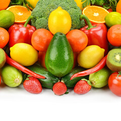 vegetables and fruits isolated on white background. Free space for text.