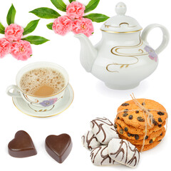 Vintage teapot, coffee pot, coffee cup, cookies and chocolate isolated on white . Colorful collage.
