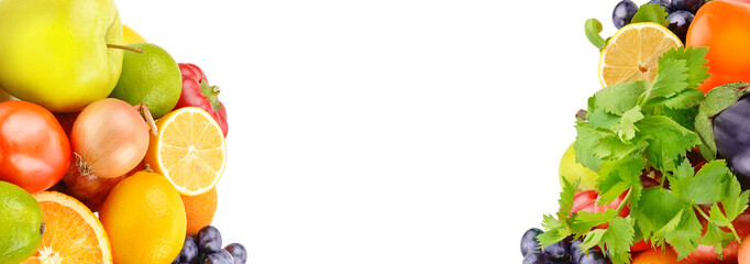 Vegetables and fruits isolated on a white . Free space for text. Collage.