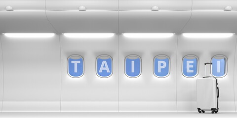 Taipei text written on a commercial plane windows, 3d rendering