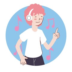 Girl with pink hair listening to music with headphones