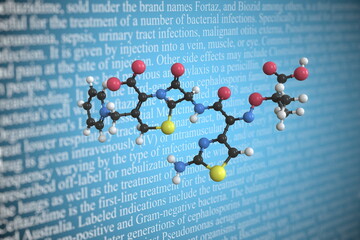 Ceftazidime scientific molecular model, 3D rendering