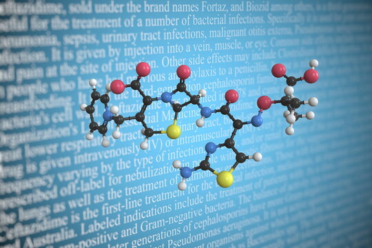 Ceftazidime scientific molecular model, 3D rendering
