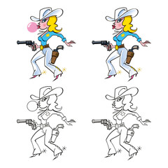 Beautiful blonde sheriff, young cowboy lady with revolver gun.