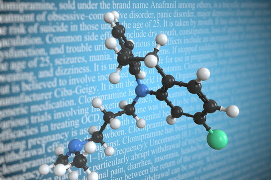 Clomipramine Scientific Molecular Model, 3D Rendering