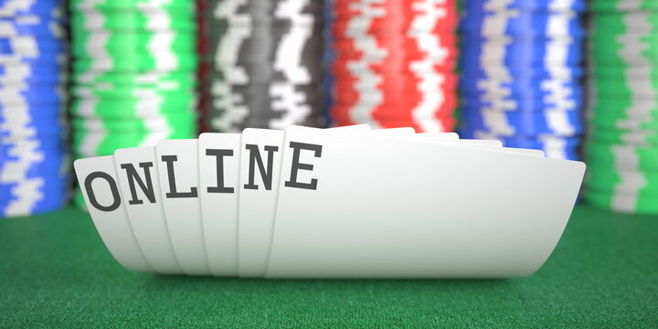 A hand of playing cards with online text. 3d rendering