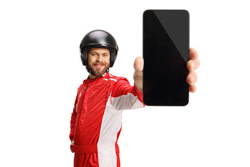 Racer holding a smartphone in front of camera
