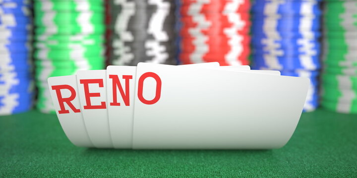 Reno text on playing cards on the table, 3d rendering