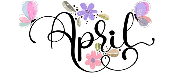 Hello APRIL. Decoration April month vector with flowers and butterflies. Illustration April