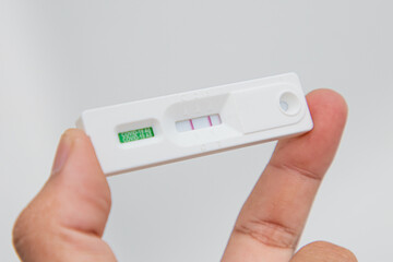 Own hand showing Covid-19 negative test result with SARS CoV-2 Rapid antigen test kit (ATK) 