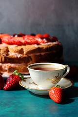 Close up photo of homemade strawberry layer cake.  Colorful still life with delicious tart. 