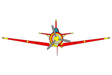 Vista frontal de avión de hélice amarillo y rojo
