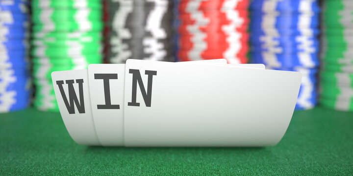 A hand of playing cards with win text. 3d rendering