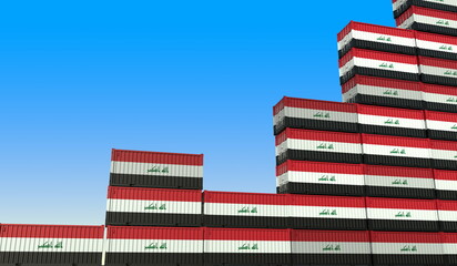 Cargo containers with flags of Iraq making a rising graph. Economic growth related 3D rendering