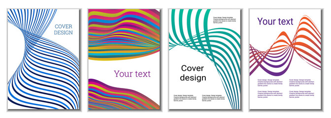 A set of 4 abstract covers. Wavy parallel gradient lines, ribbons evolve. Cover design, background. Trendy banner, poster.