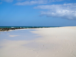 A beach at low tide. White wet sand. Water gullies and black lava stones in the background. Blue sky with sunshine and few clouds.
