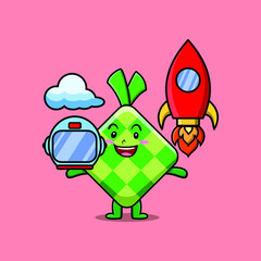 Cute mascot cartoon character Ketupat as astronaut with rocket, helm, and cloud in cute style 