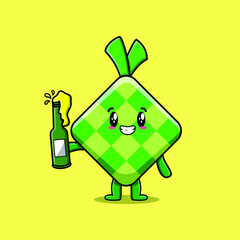 Cute cartoon character Ketupat with soda bottle in modern cute style design 