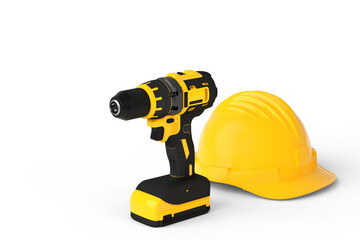 Fototapeta premium Set of cordless drill or screwdrivers with hard head helmet on white background